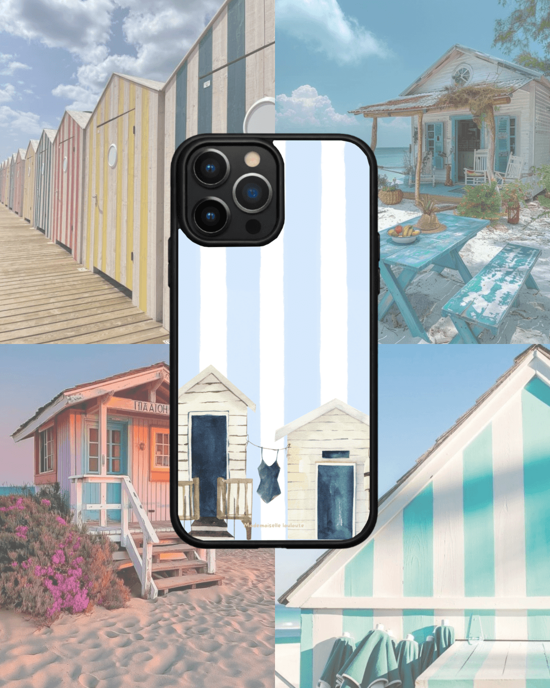 Coque de téléphone Bleu Lagon avec cabines de plage aquarelle et rayures bleu ciel, inspirée des vacances au bord de la mer et de l'univers marin.