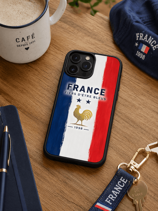 Coque téléphone France OR avec drapeau bleu blanc rouge et coq doré inspirée de l'équipe de France de football
