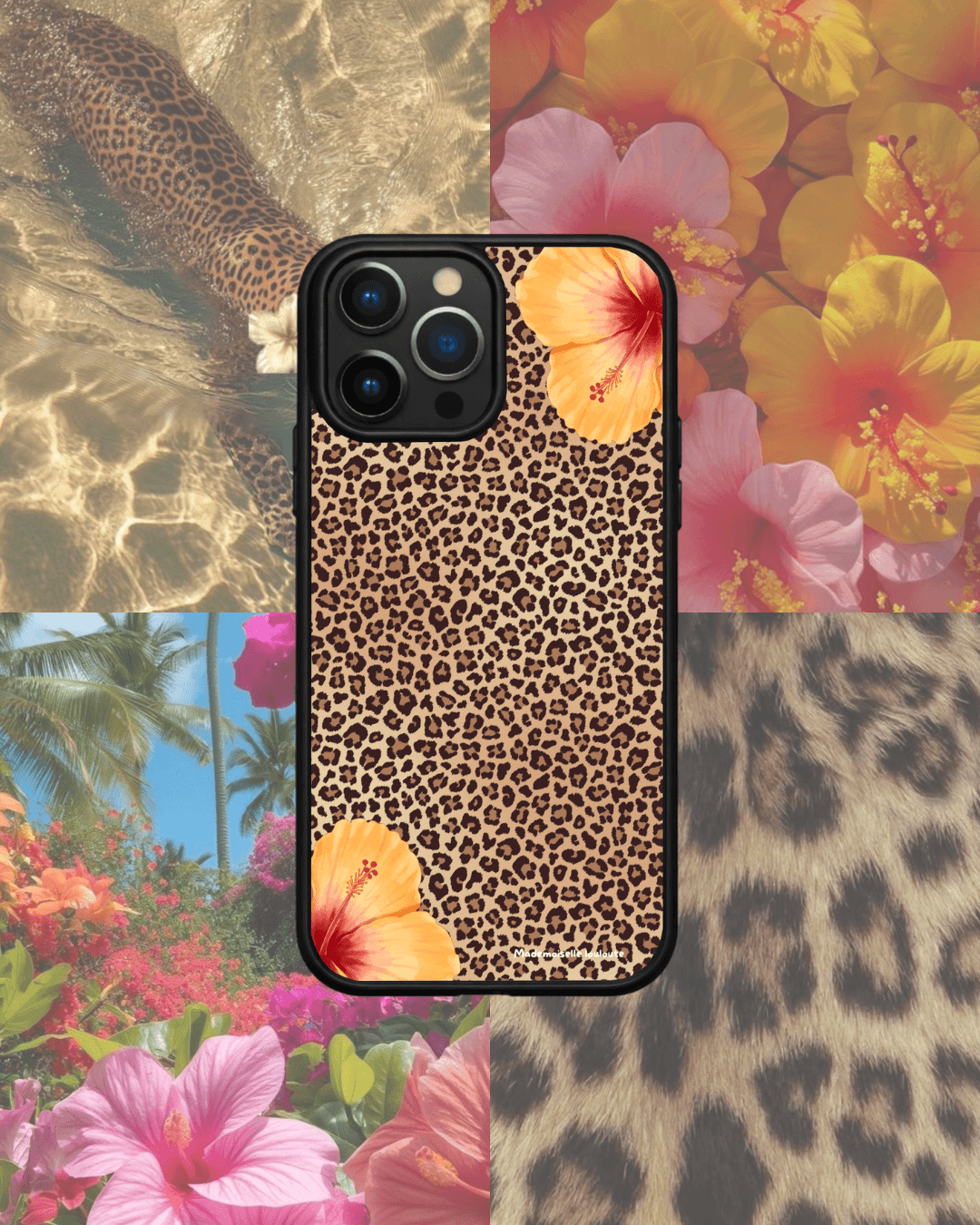 Coque de téléphone Safari avec imprimé léopard et fleurs d'hibiscus tropicales, design tendance inspiré des vacances et de l'été.