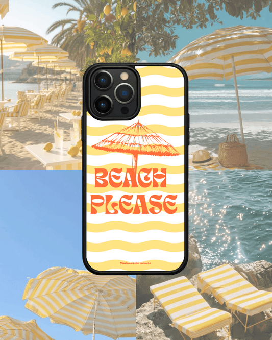 Coque de téléphone Beach Please avec rayures jaunes, parasol de plage et typographie rétro orange, design inspiré des vacances et du soleil.