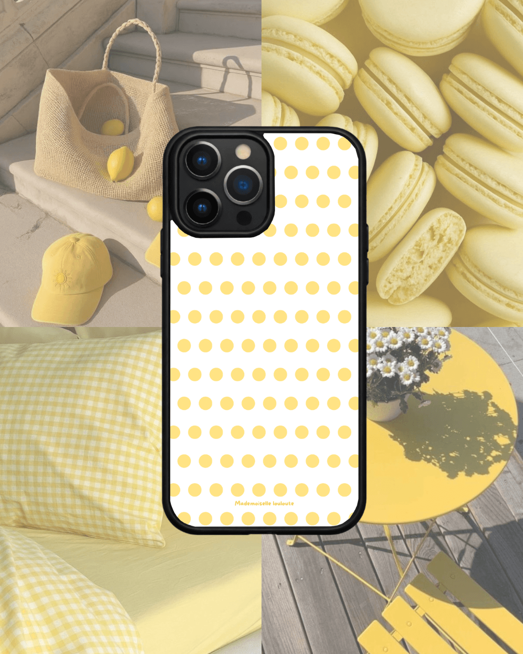 Coque de téléphone Sunny blanche avec motif à pois jaunes, design minimaliste et tendance inspiré du soleil et de l'été.