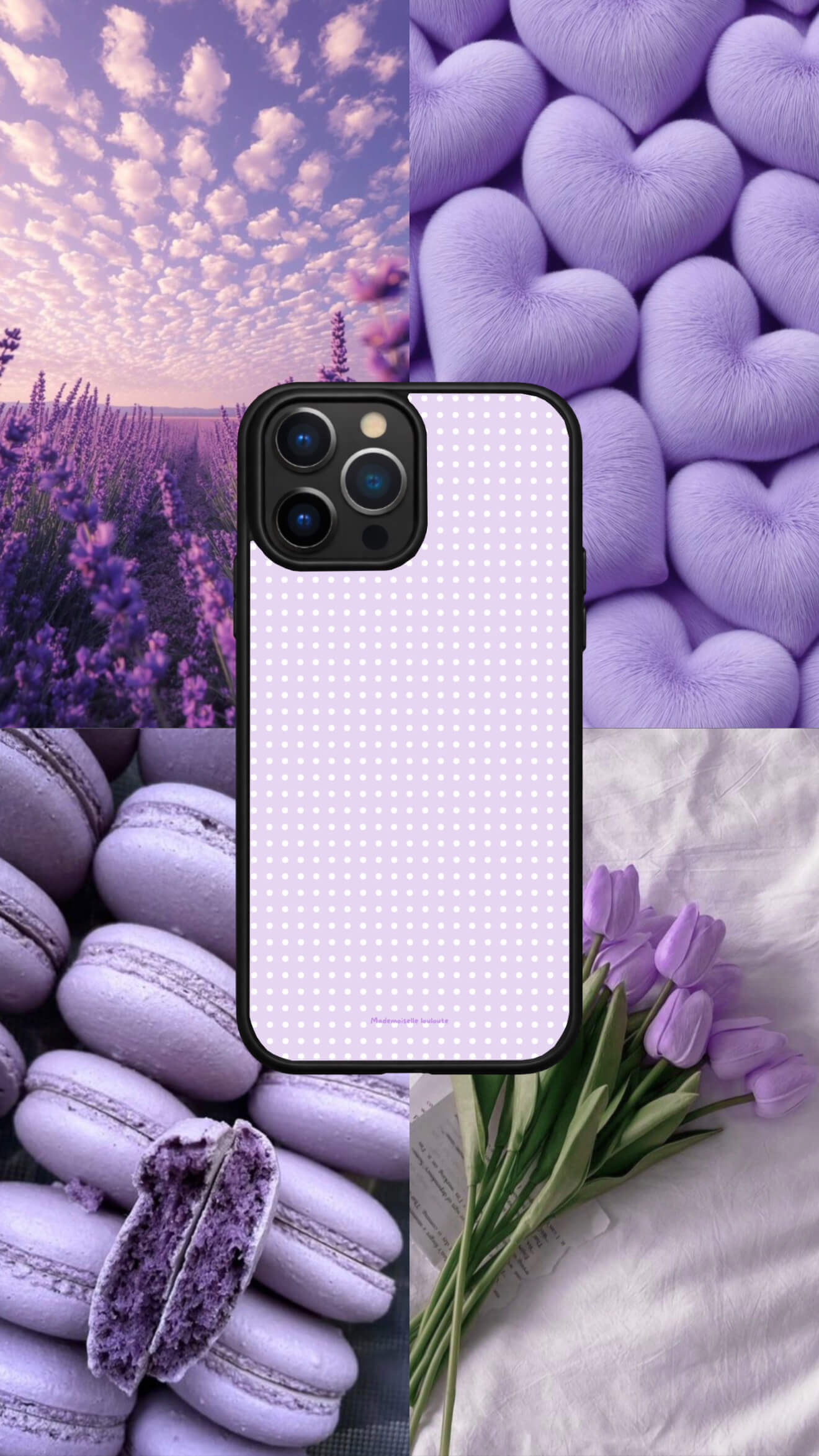 Coque fond lila, pois blanc