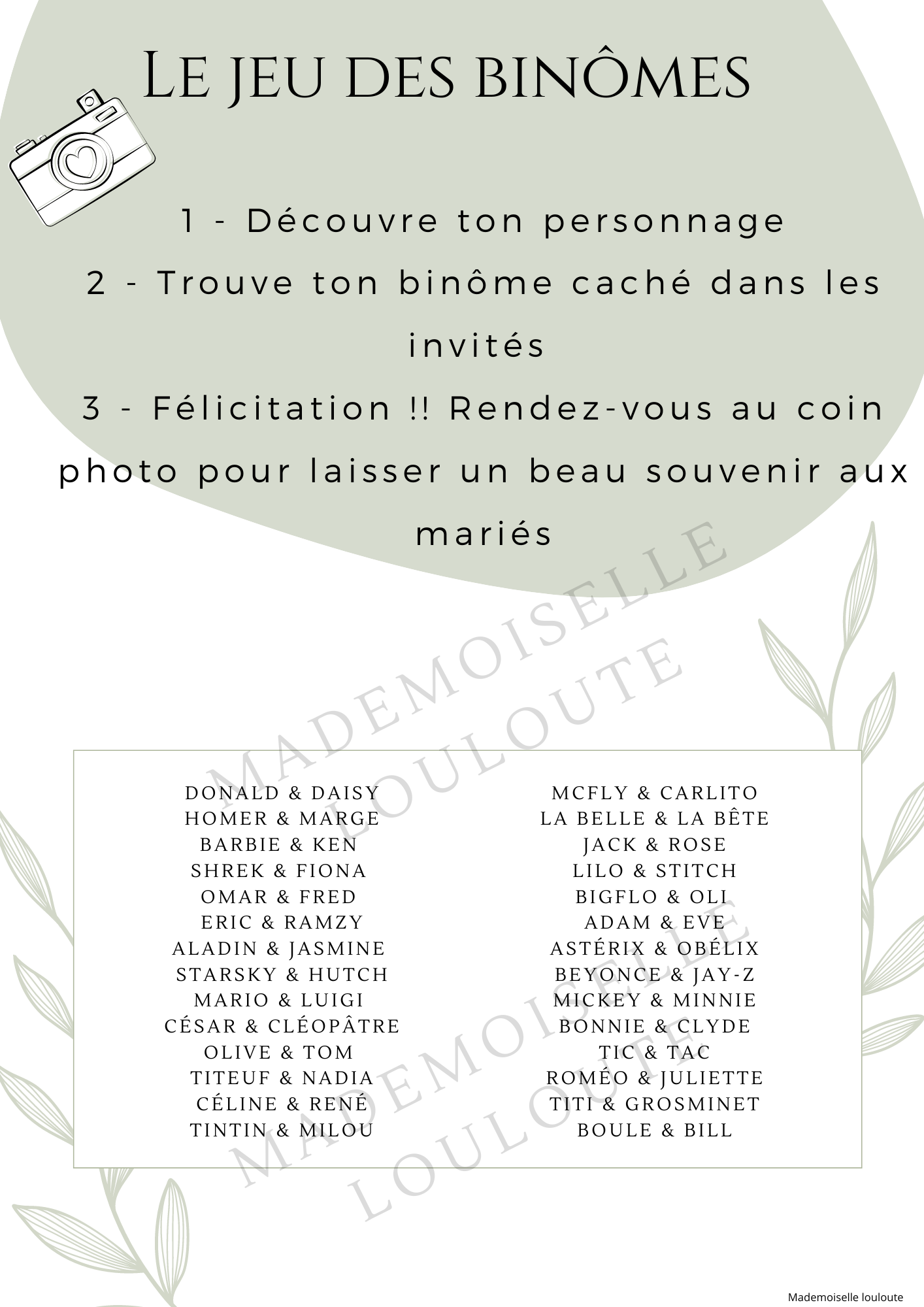Fichier imprimable - Jeu des binômes (28 binômes) - Mademoiselle Louloute
