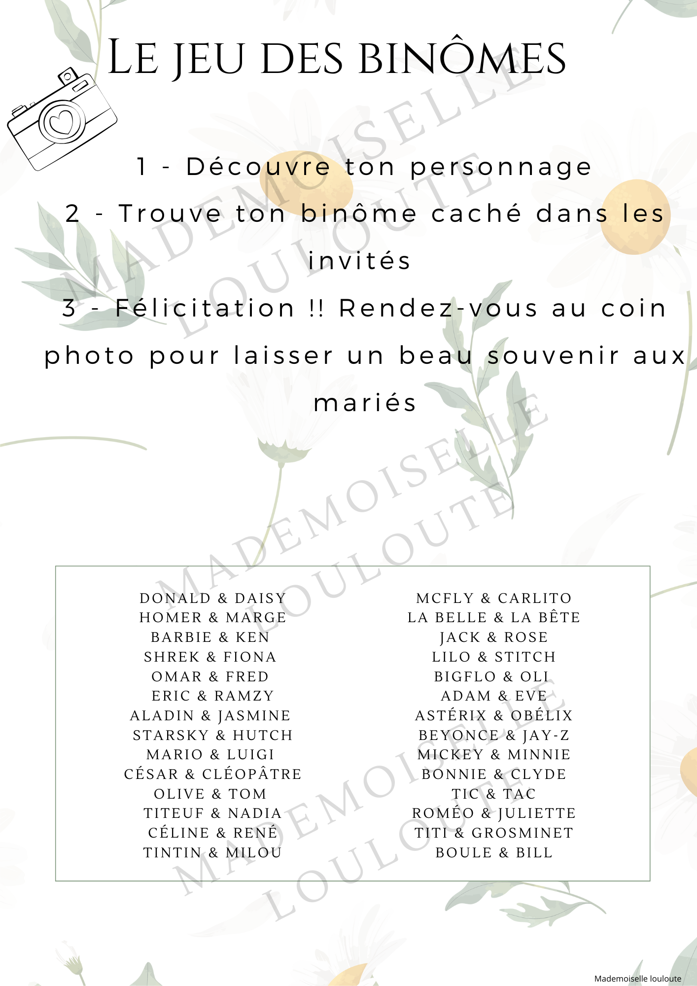 Fichier imprimable - Jeu des binômes (28 binômes) - Mademoiselle Louloute