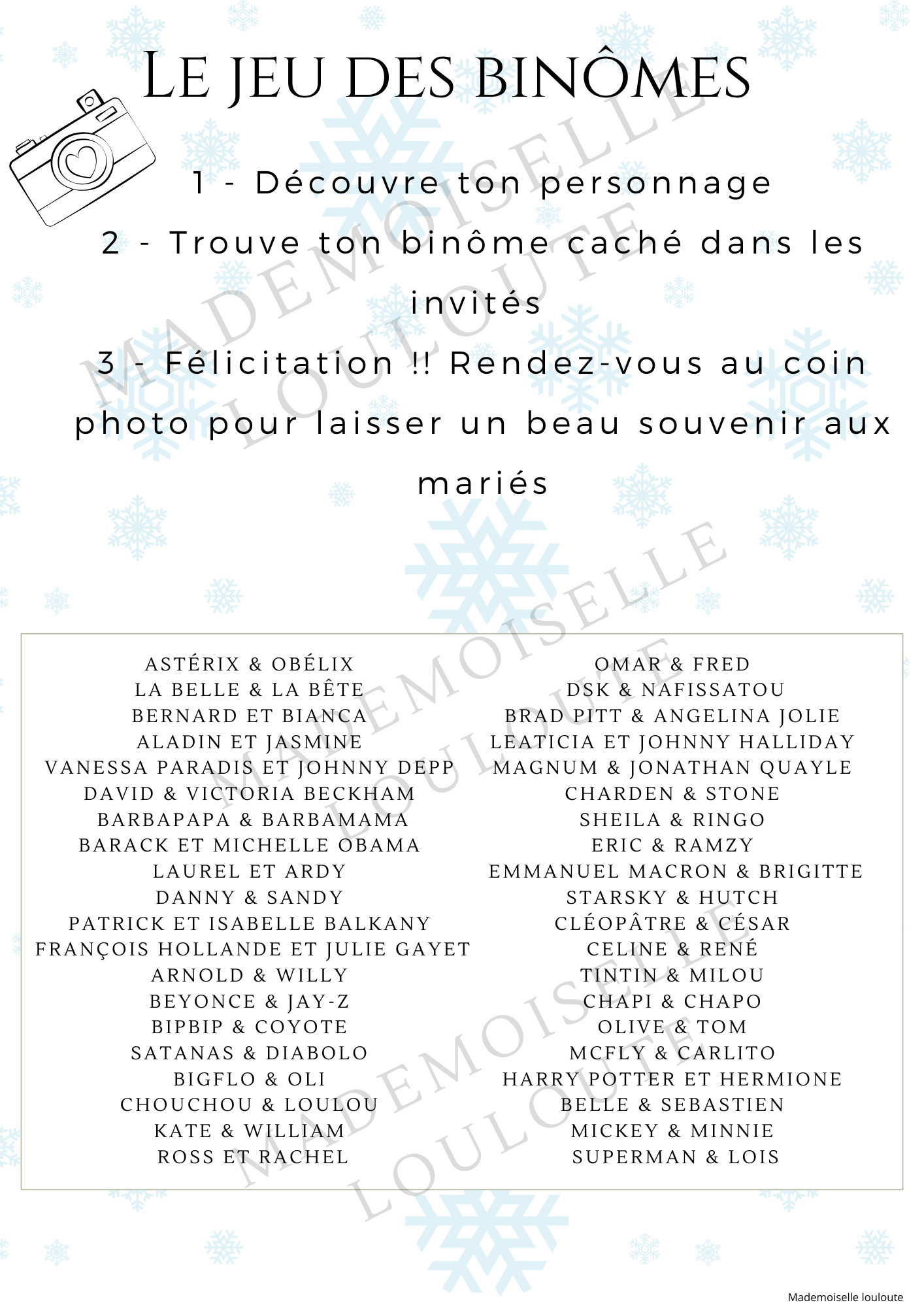 Fichier imprimable - Jeu des binômes (40 binômes) - Mademoiselle Louloute