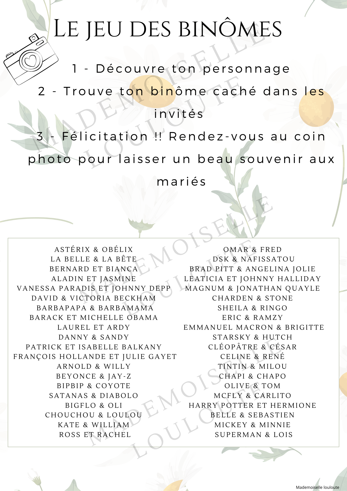 Fichier imprimable - Jeu des binômes (40 binômes) - Mademoiselle Louloute