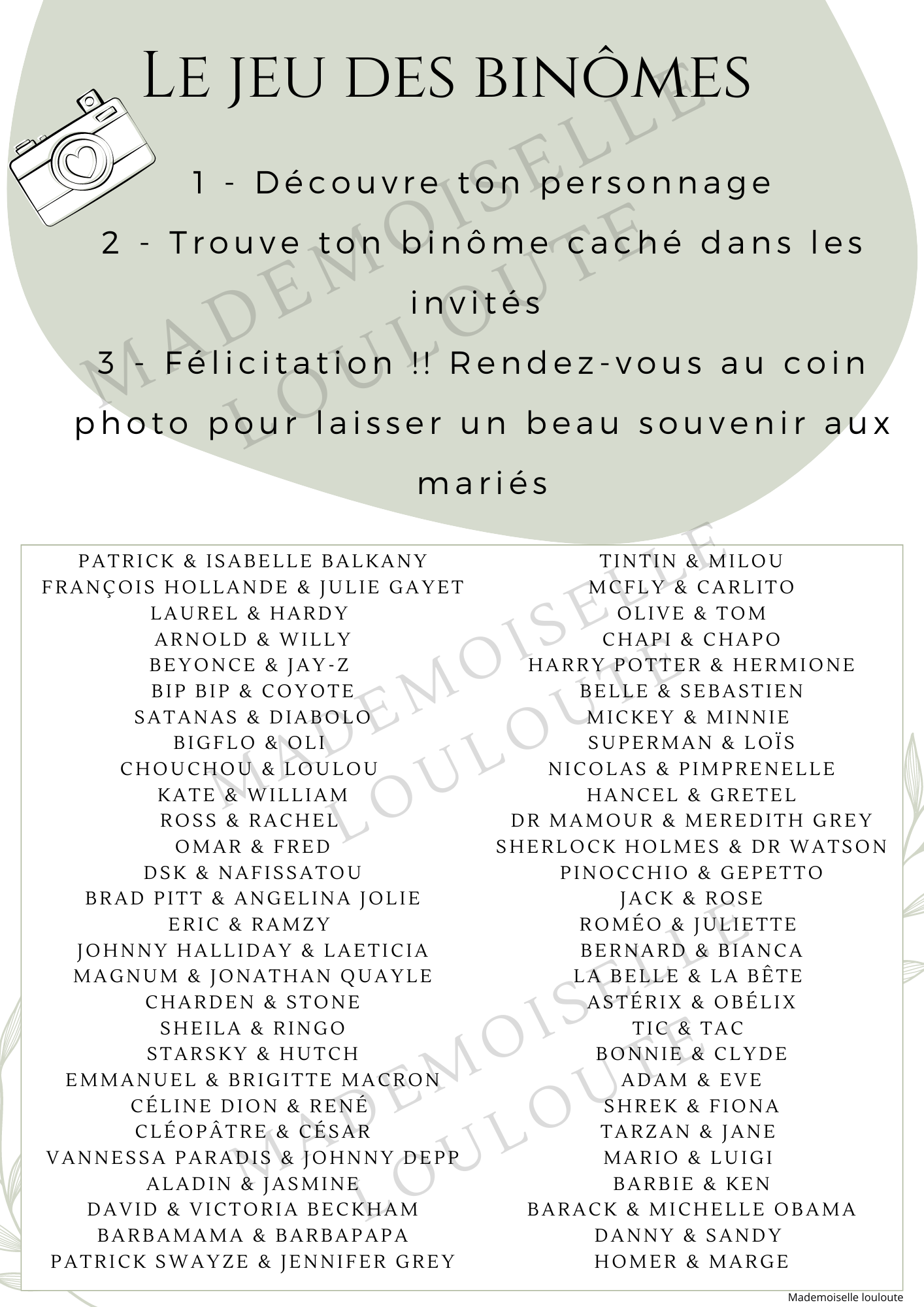 Fichier imprimable - Jeu des binômes (56 binômes) - Mademoiselle Louloute