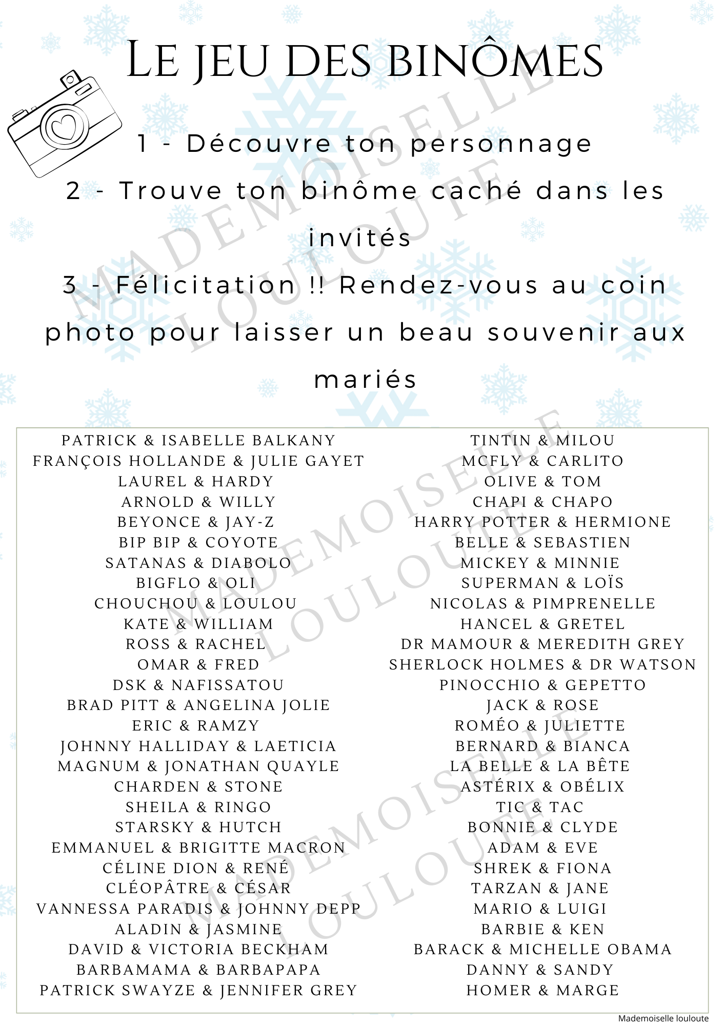 Fichier imprimable - Jeu des binômes (56 binômes) - Mademoiselle Louloute