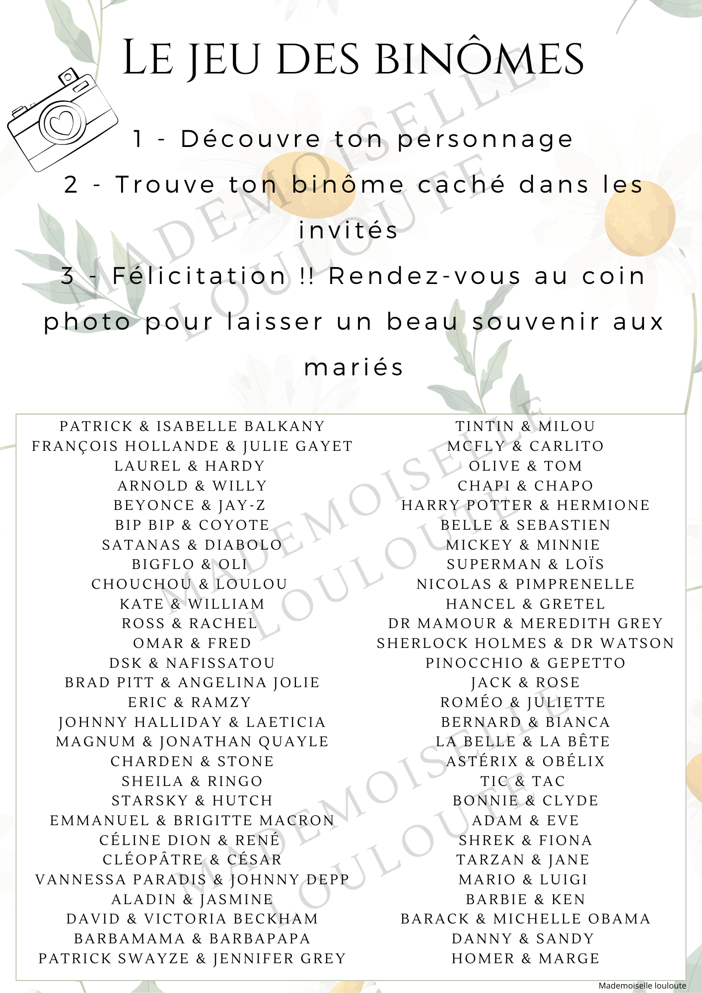 Fichier imprimable - Jeu des binômes (56 binômes) - Mademoiselle Louloute