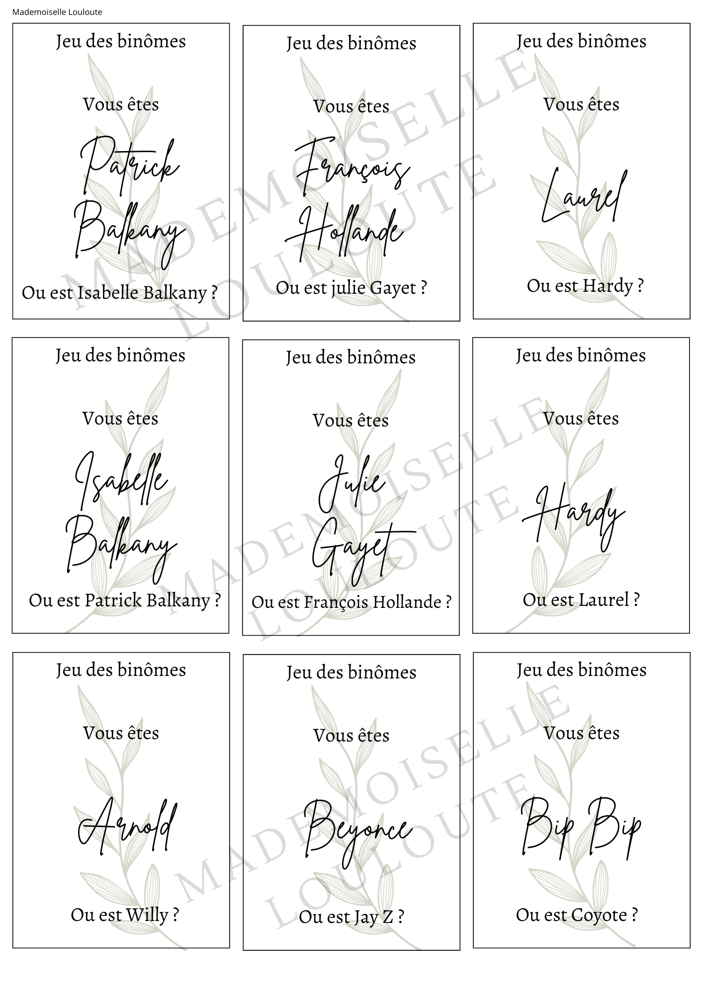 Fichier imprimable - Jeu des binômes (56 binômes) - Mademoiselle Louloute