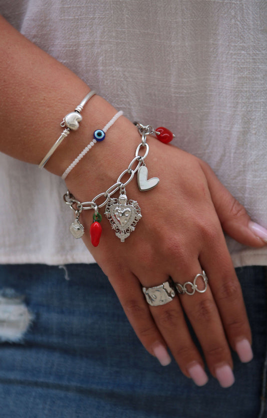 Bracelet Marisol, argent, pampille argent, rouge et blanche