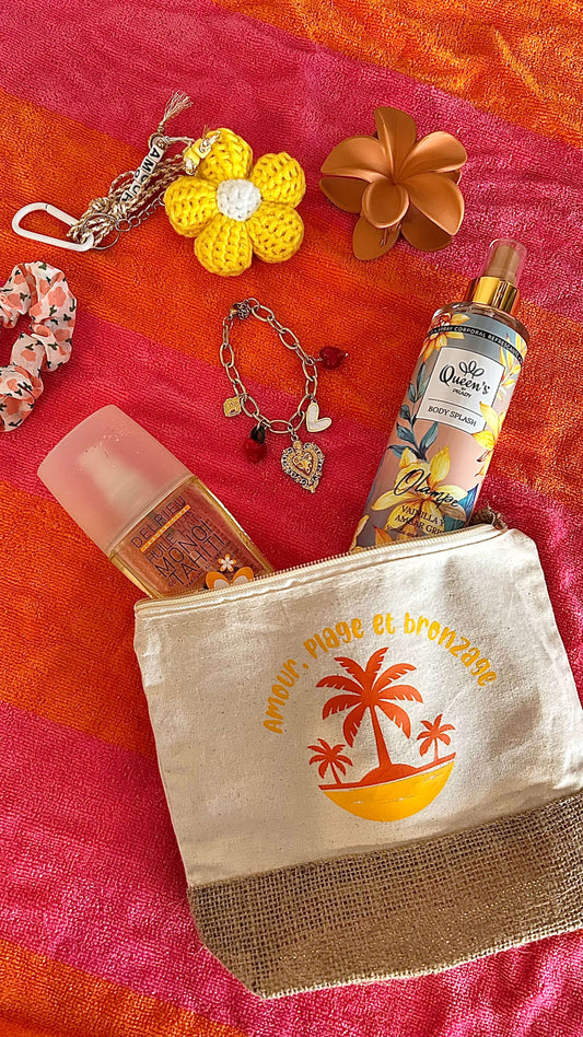 Pochette inscription "amour, plage et bronzage"