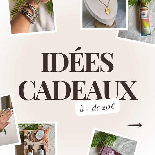 Post avec inscrits idées cadeaux à - de 20€, des photos d'articles sur notre site