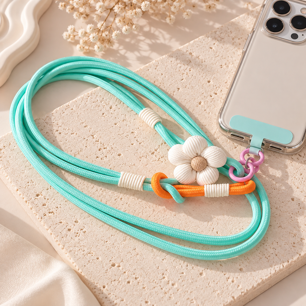 Bijou de téléphone Olya à fleur blanche, fixé à une coque transparente avec une attache turquoise