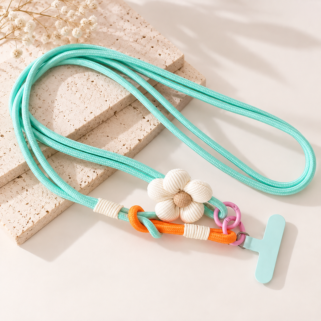 Bijou de téléphone Olya, cordon turquoise avec fleur blanche et détails orange et roses