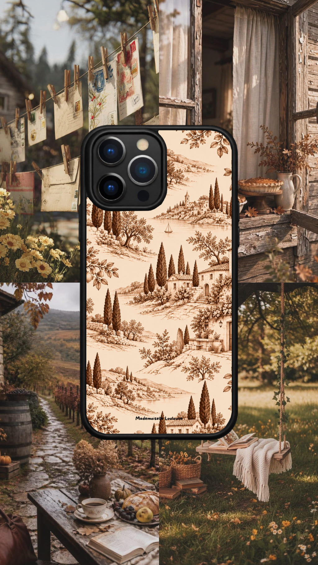 Coque de téléphone Toscana au paysage italien sépia, présentée dans un décor champêtre avec jardin, fenêtre ouverte et balançoire.