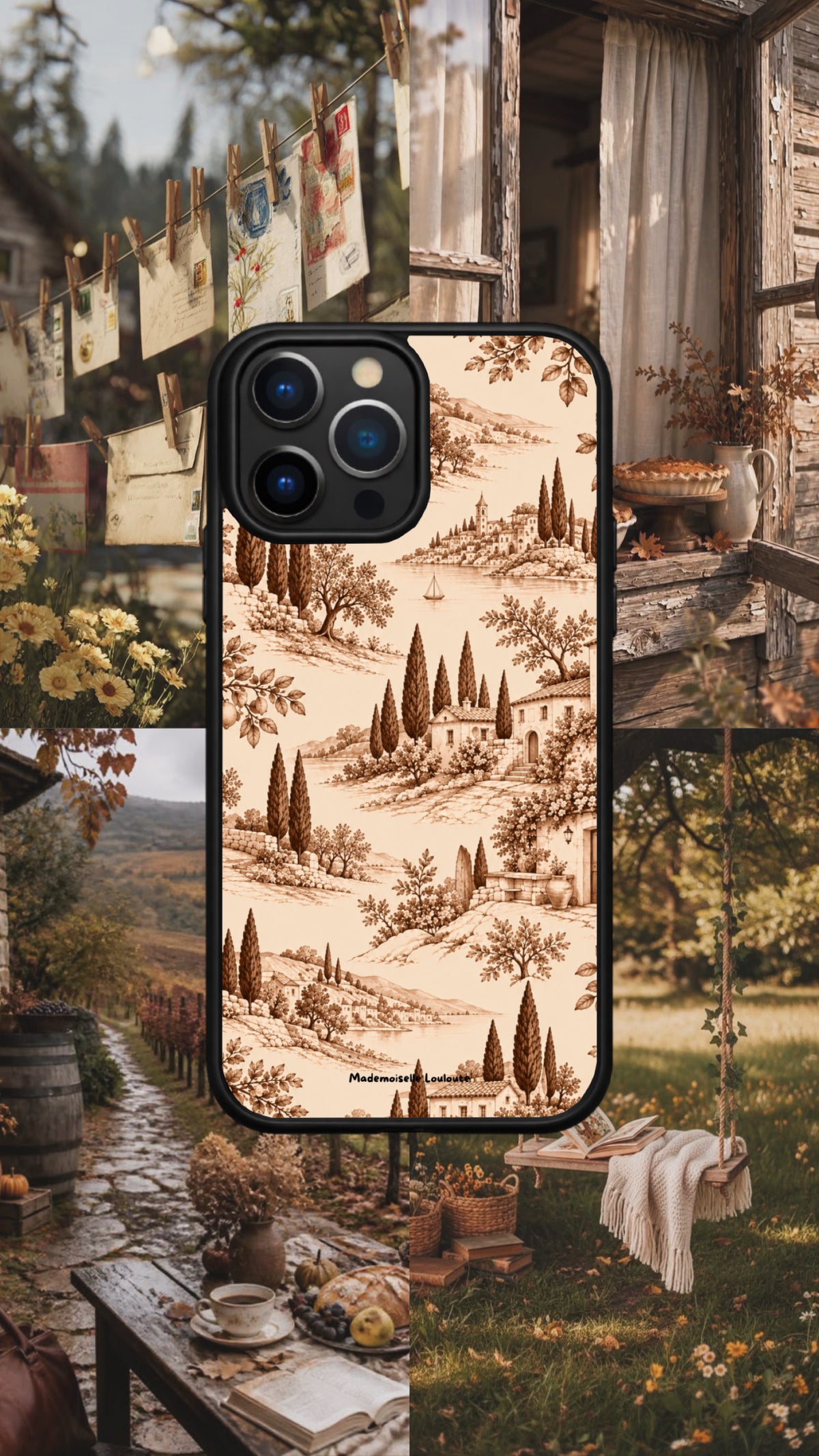 Coque de téléphone Toscana au paysage italien sépia, présentée dans un décor champêtre avec jardin, fenêtre ouverte et balançoire.
