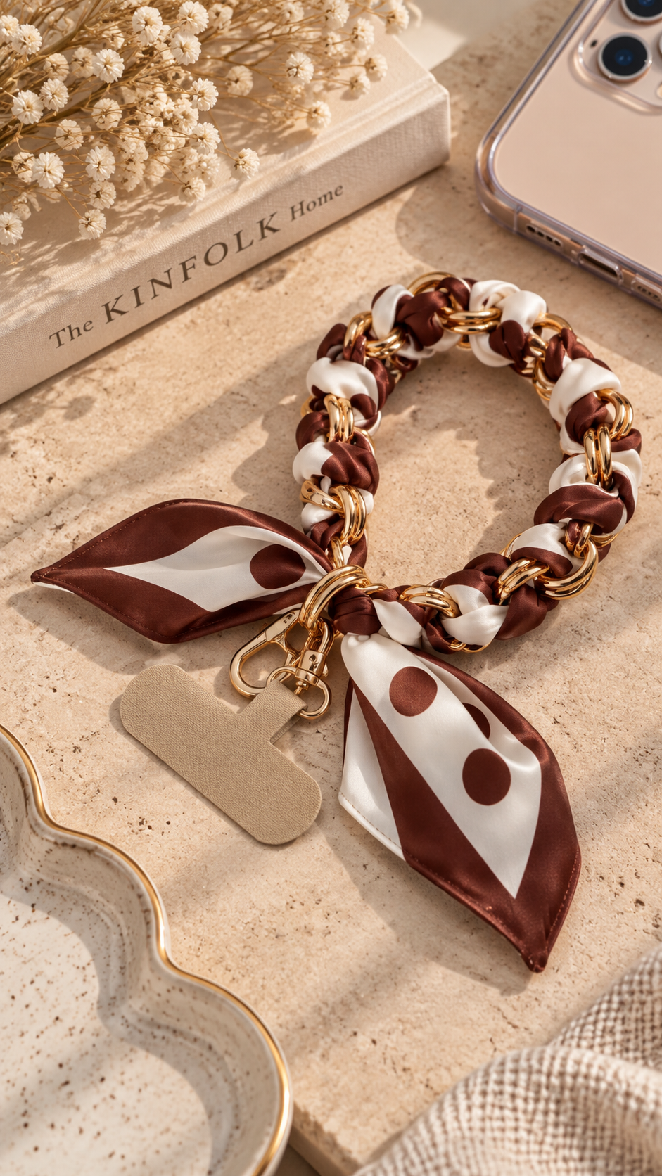 Bijou de téléphone Chloé avec ruban marron et blanc à pois, nœud décoratif et maillons dorés