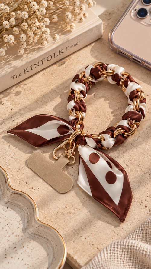 Bijou de téléphone Chloé avec ruban marron et blanc à pois, nœud décoratif et maillons dorés