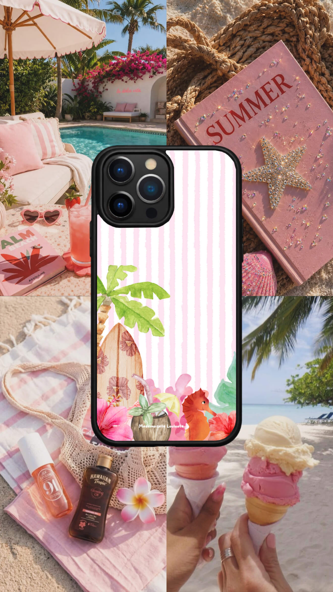 Coque de téléphone Aloha de la collection Beaux Jours avec palmier, planche de surf, fleurs tropicales et rayures pastel.