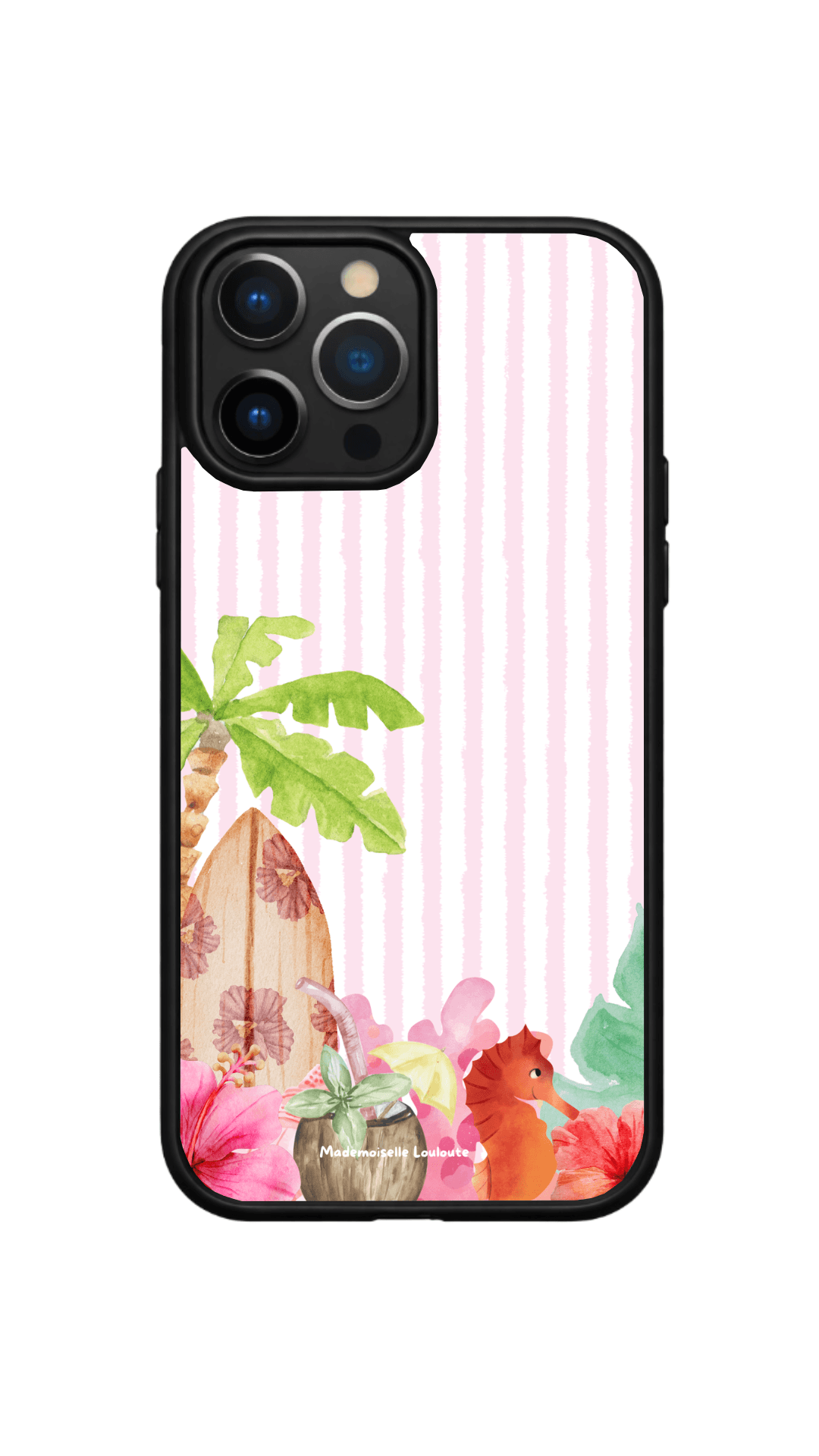 Coque de téléphone Aloha de la collection Beaux Jours avec palmier, planche de surf, fleurs tropicales et rayures pastel.