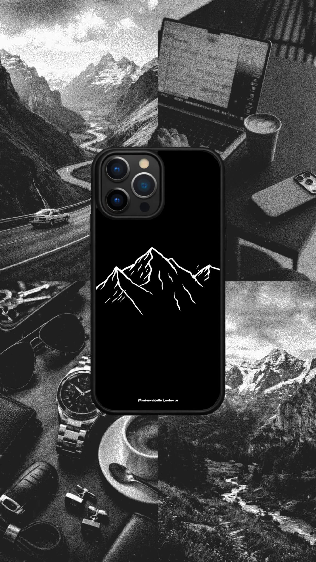 Coque de téléphone Atlas avec illustration minimaliste de montagnes noires et blanches.