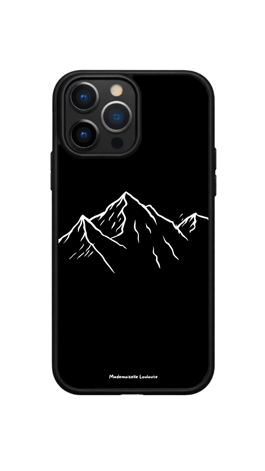 Coque de téléphone Atlas avec illustration minimaliste de montagnes noires et blanches.