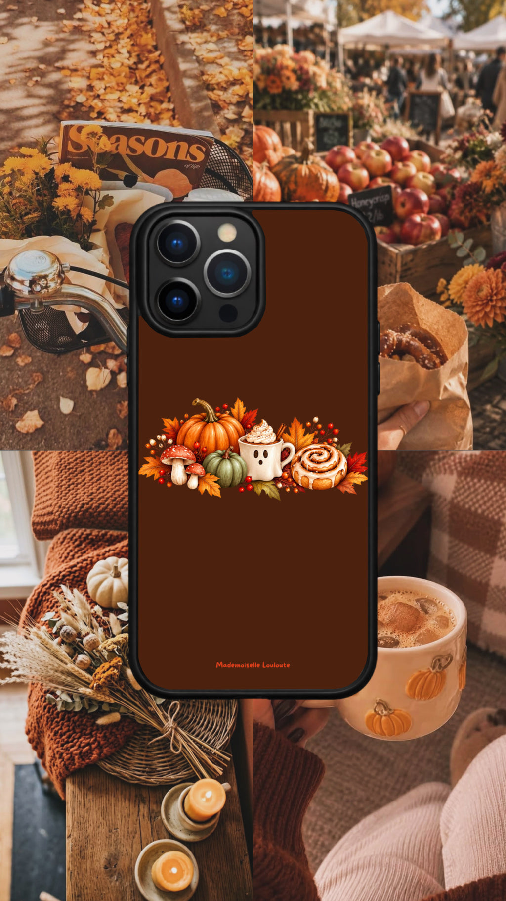 Coque de téléphone Pumpkin à motif de citrouilles et de goûter, présentée dans un décor automnal avec marché, plaid et tasse.