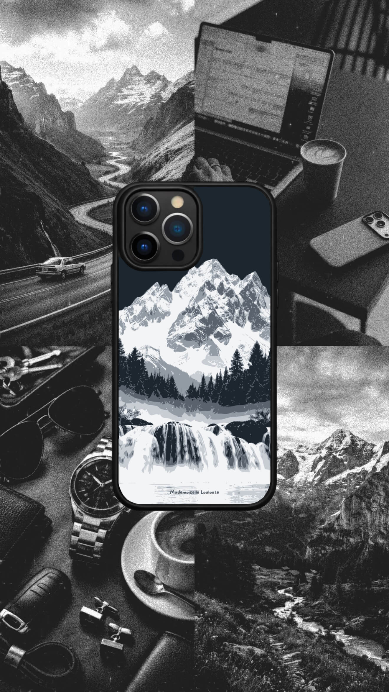 Coque de téléphone Relief avec motif abstrait de lignes topographiques noires sur fond clair.