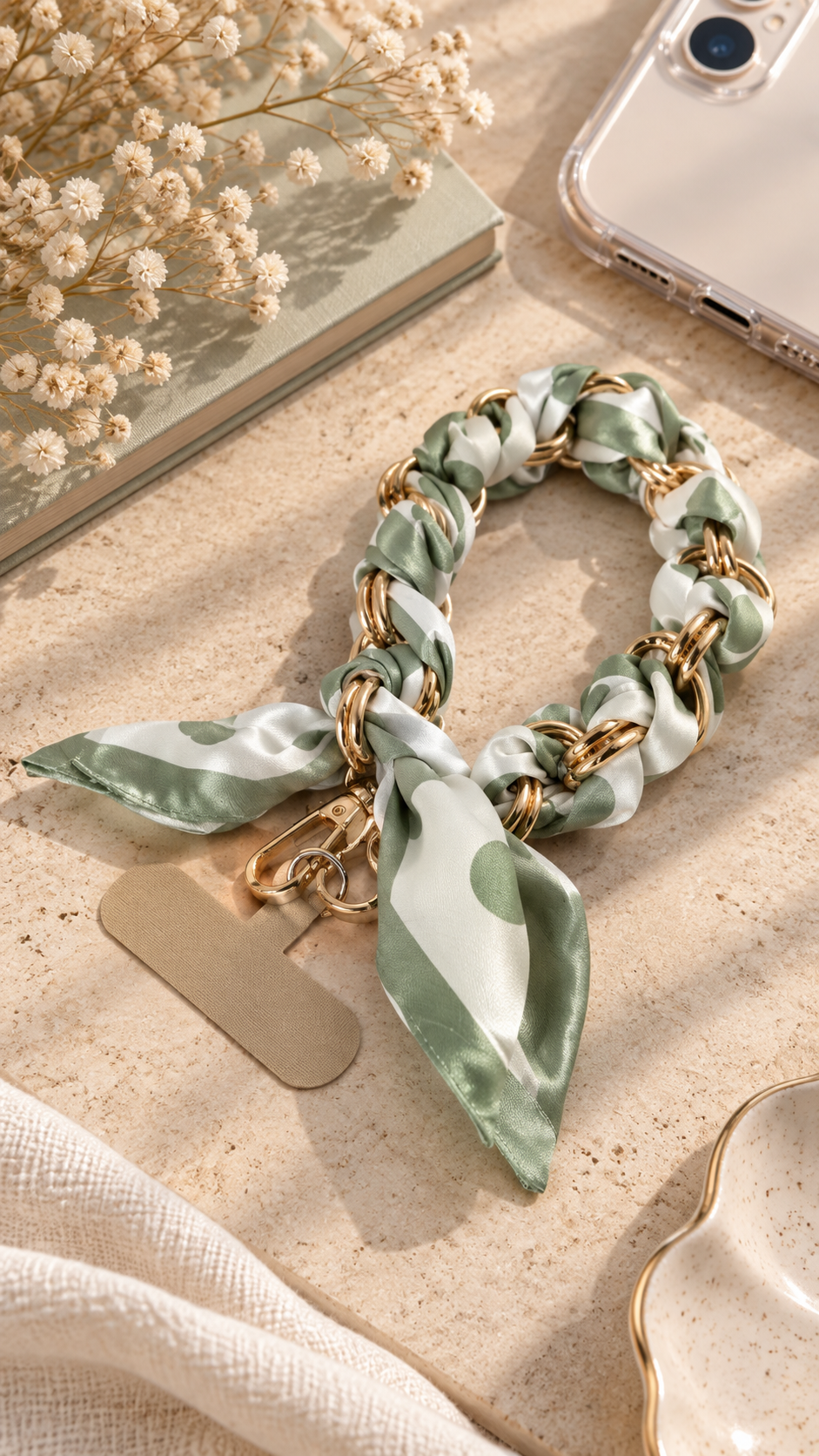 Bijou de téléphone Sage vert et blanc avec ruban noué entrelacé dans des maillons dorés