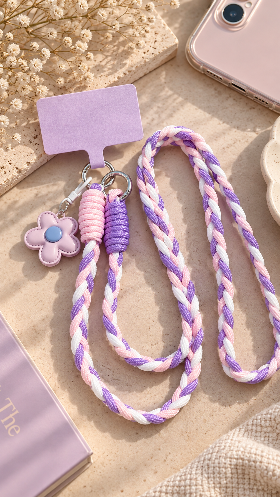 Bijou de téléphone Luna avec cordon tressé violet et blanc et pendentif fleur mauve