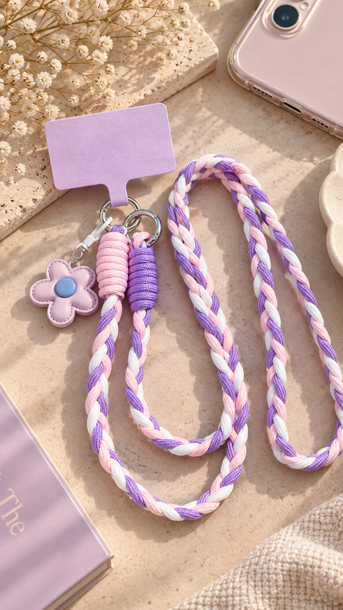 Bijou de téléphone Luna avec cordon tressé violet et blanc et pendentif fleur mauve