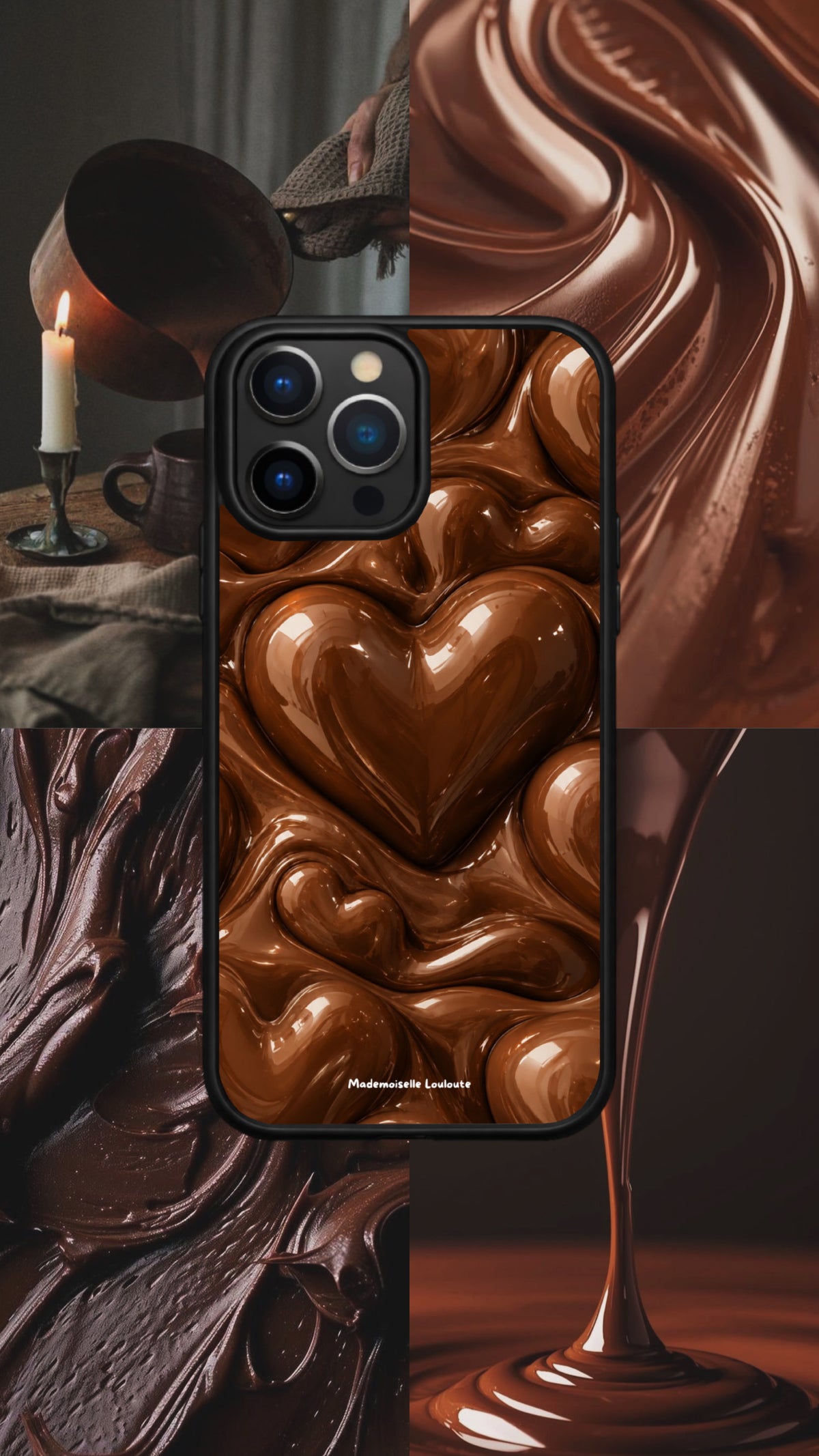 Coque de téléphone Cacao à motif de cœurs chocolatés, présentée dans un montage avec du chocolat fondu, une tasse et une bougie.