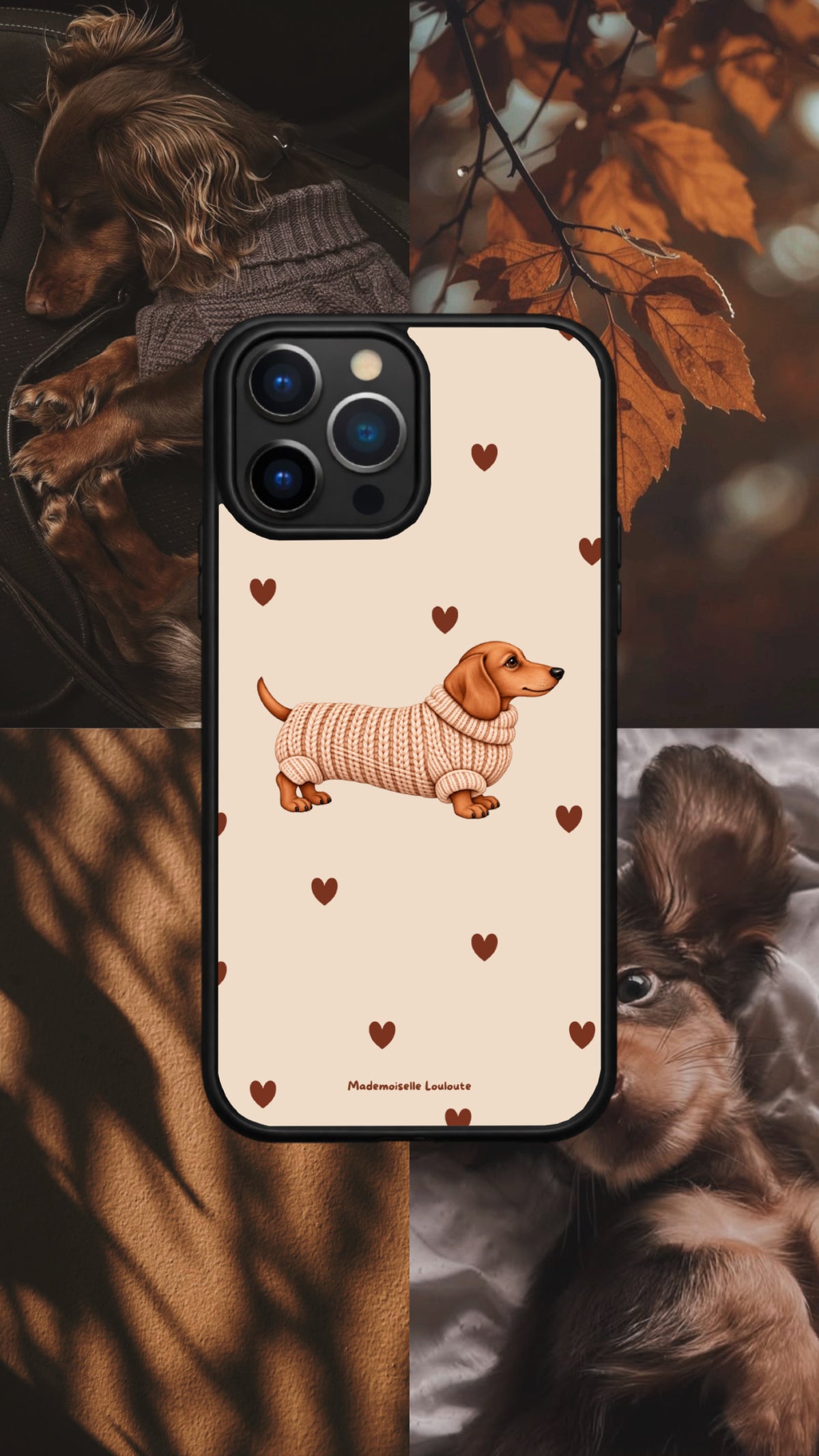 Coque de téléphone Charly au teckel en pull et aux cœurs bruns, présentée dans un montage avec des chiens et des feuilles d’automne.