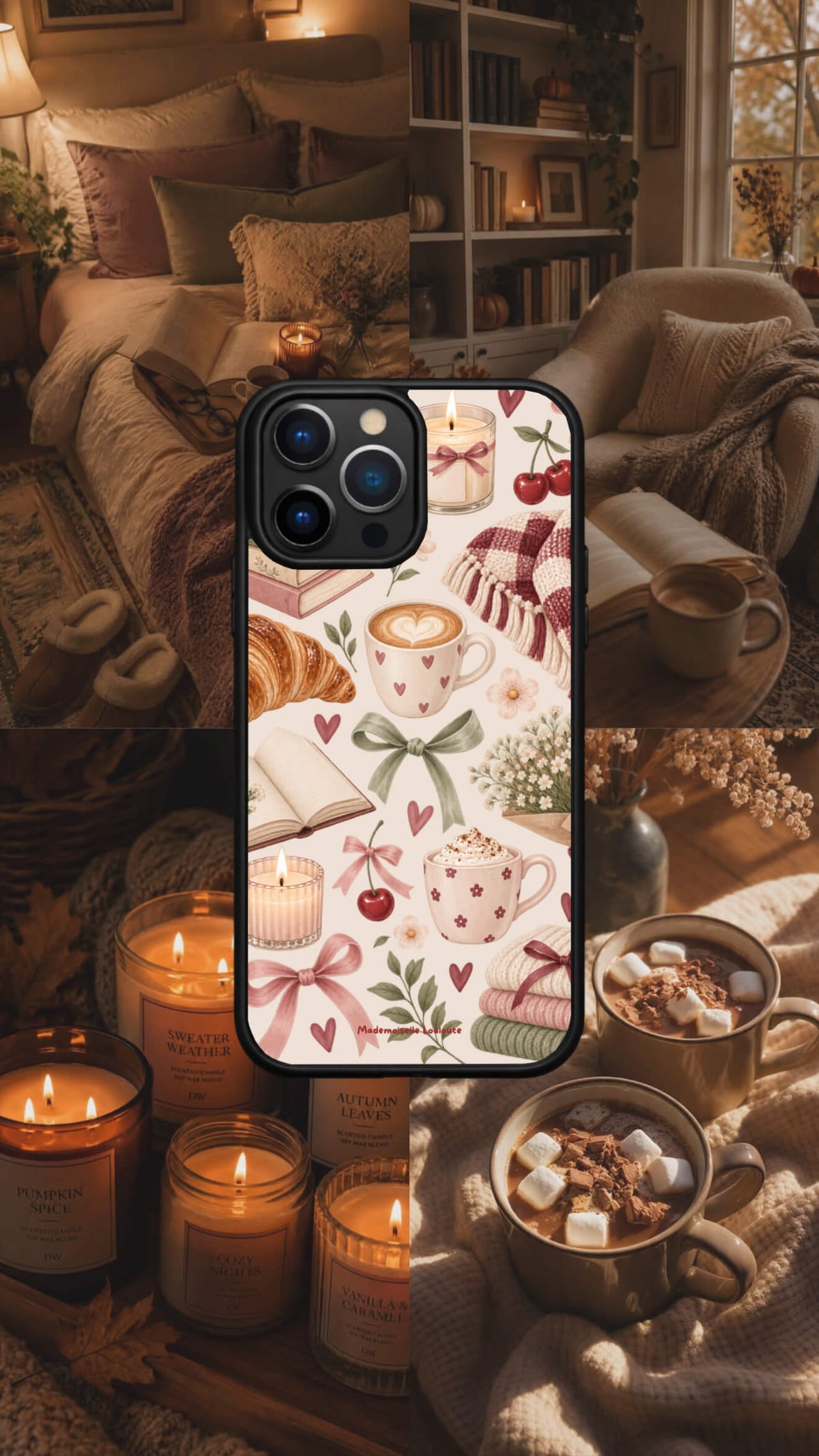 Coque de téléphone Cocon avec illustration de café, bougies, livres, plaid, fleurs et cerises