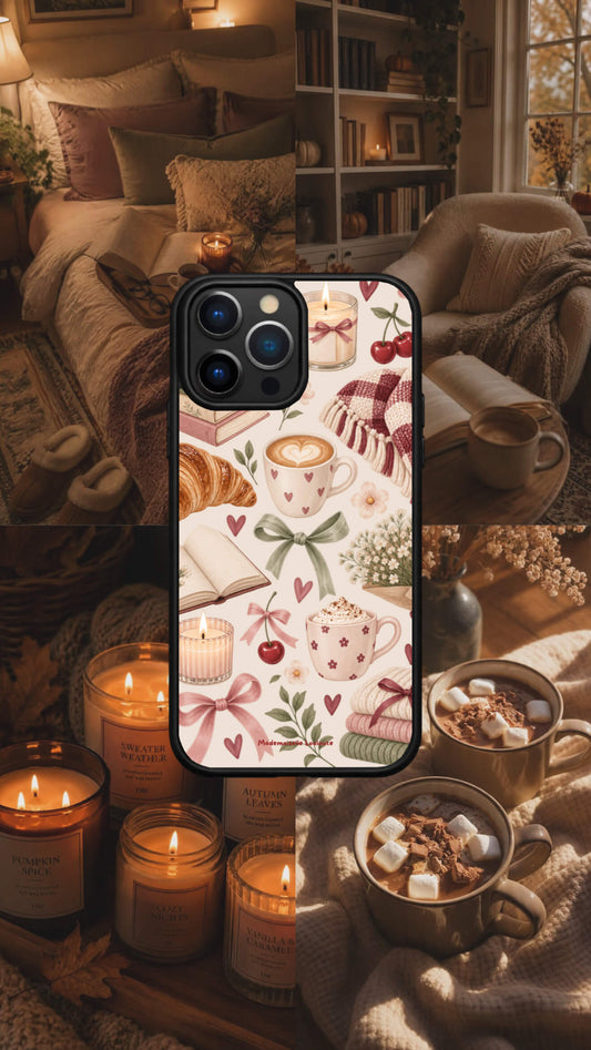 Coque de téléphone Cocon avec illustration de café, bougies, livres, plaid, fleurs et cerises