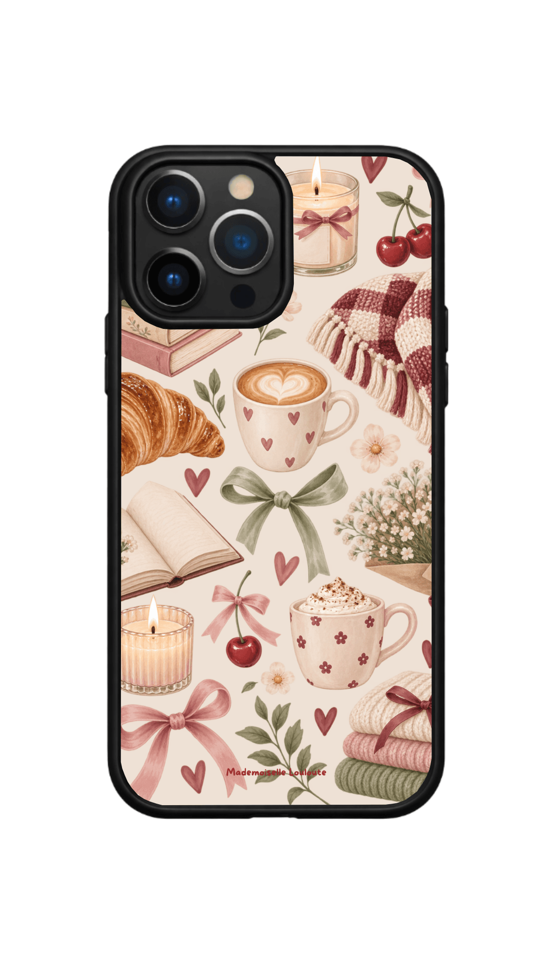 Coque de téléphone Cocon avec illustration de café, bougies, livres, plaid, fleurs et cerises
