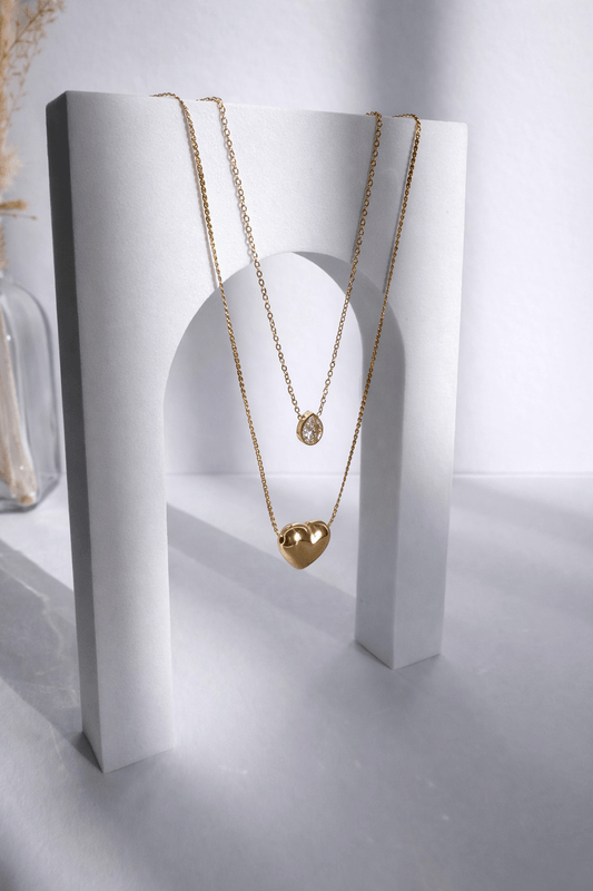 Collier Laurine or, double diamant + coeur 