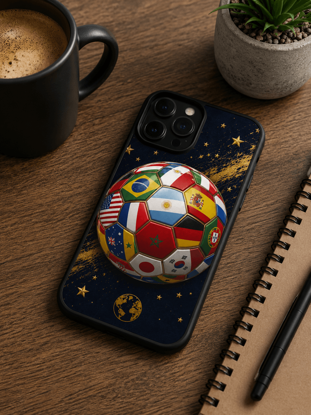 Coque téléphone Globe avec ballon de football composé de drapeaux du monde sur fond bleu nuit et détails dorés