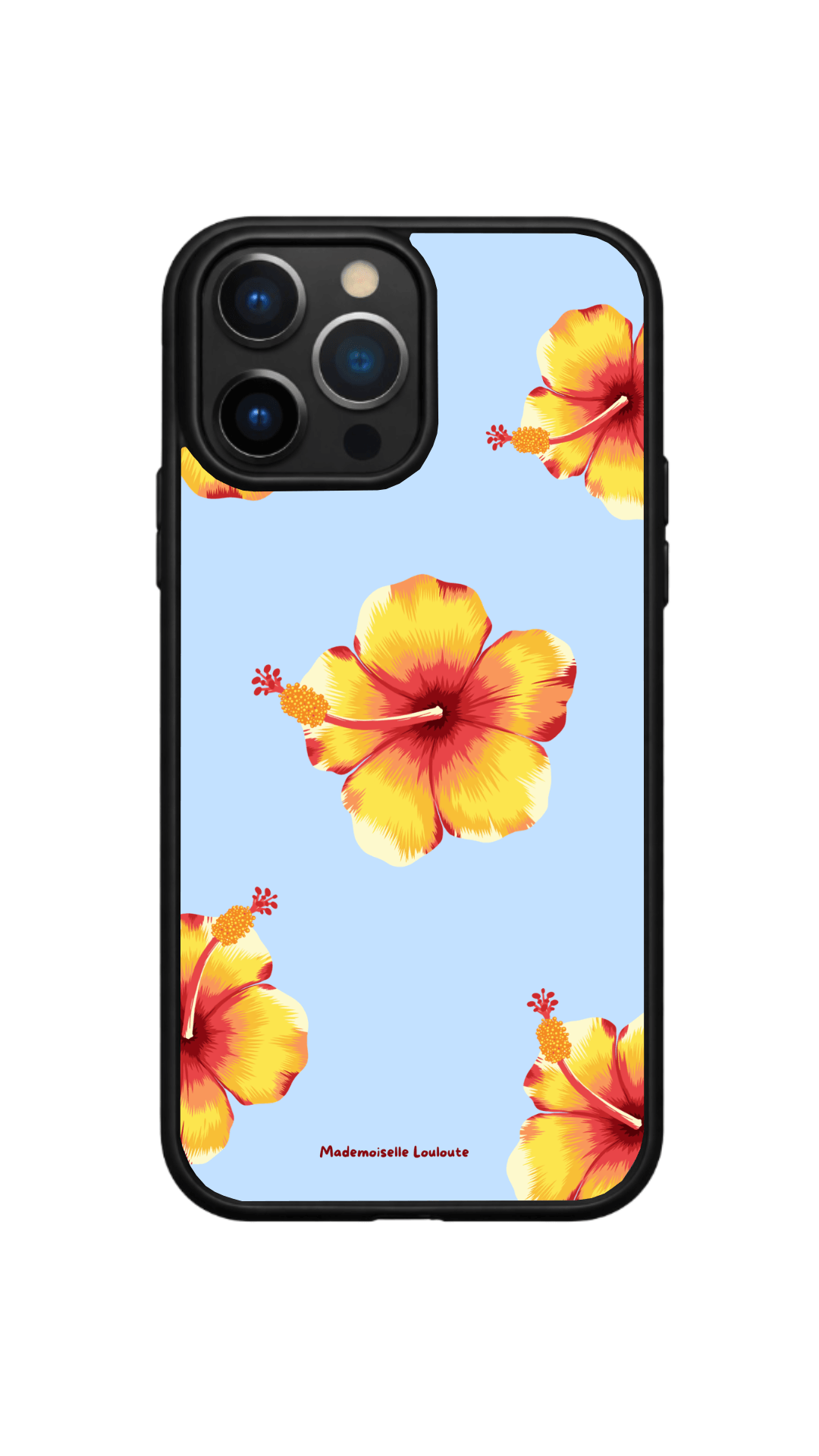 Coque de téléphone Hibiscus de la collection Beaux Jours avec grandes fleurs tropicales roses et rouges sur fond bleu.