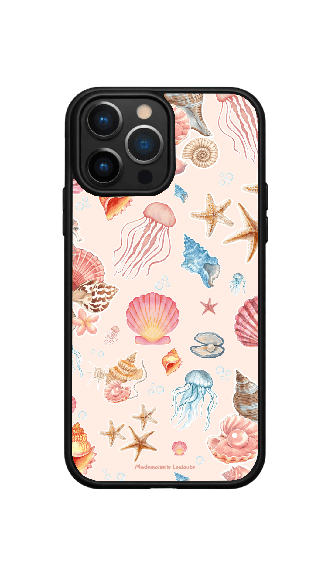 Coque de téléphone Rivage de la collection Beaux Jours avec coquillages, étoile de mer, méduse et illustrations marines.