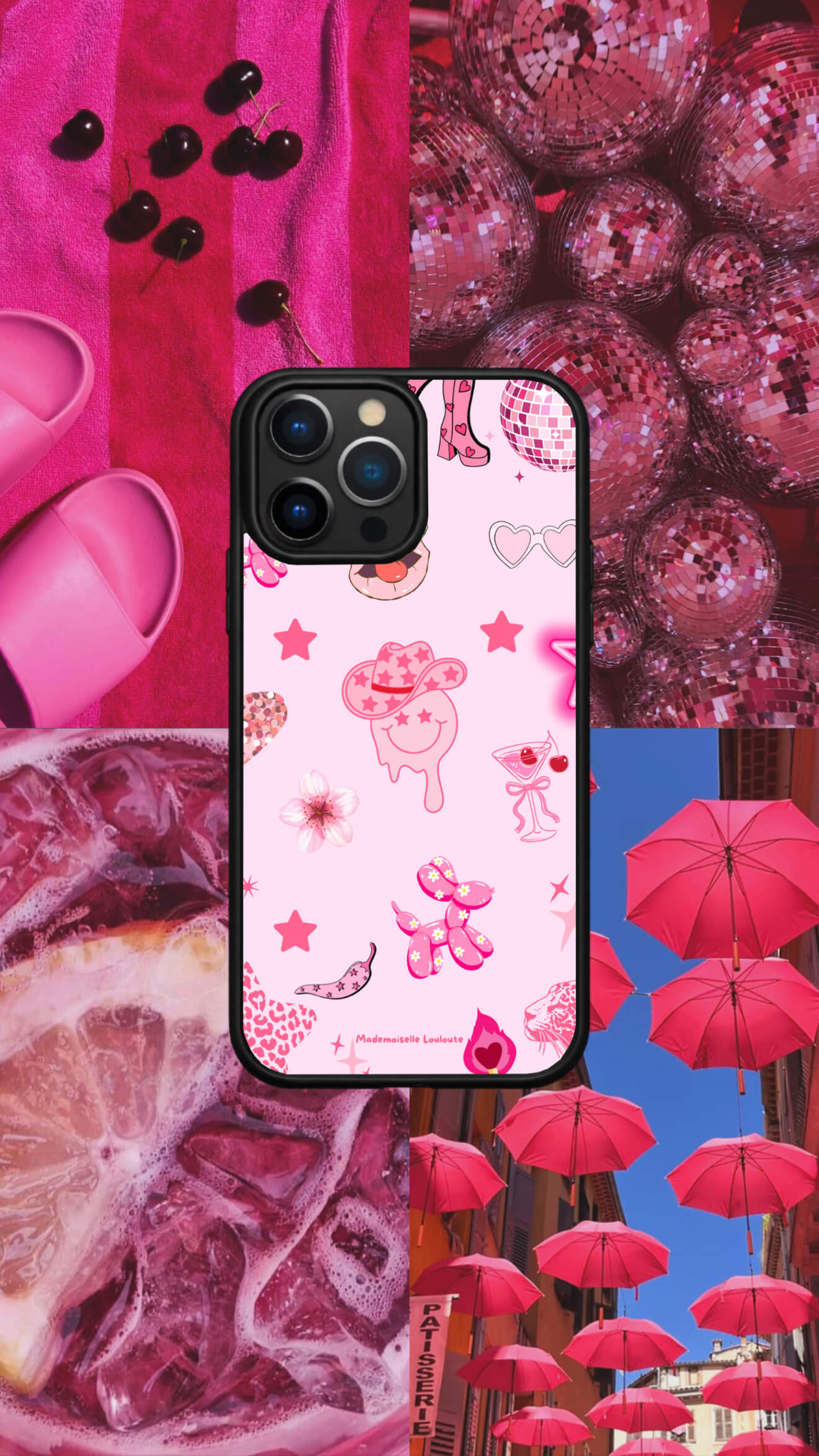 Coque de téléphone Summer Pop de la collection Beaux Jours avec illustrations estivales roses, cocktail, fleurs, étoiles et petits cœurs.