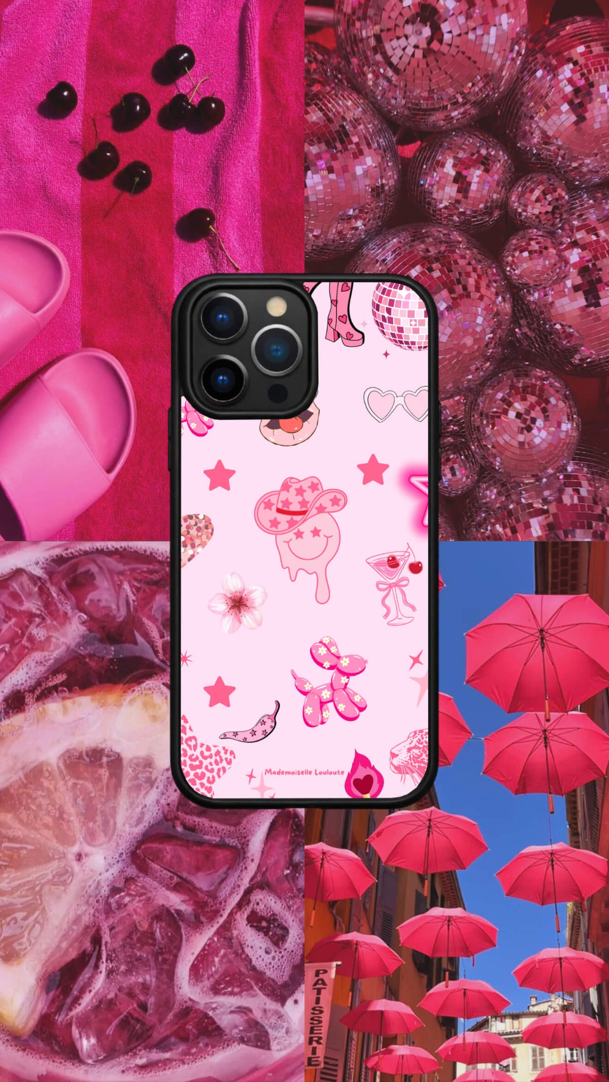 Coque de téléphone Summer Pop de la collection Beaux Jours avec illustrations estivales roses, cocktail, fleurs, étoiles et petits cœurs.