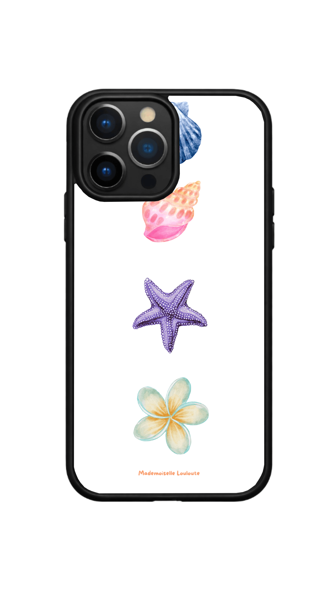 Coque de téléphone Coquillage de la collection Beaux Jours avec illustration de coquillages, étoile de mer et fleur tropicale sur fond blanc.