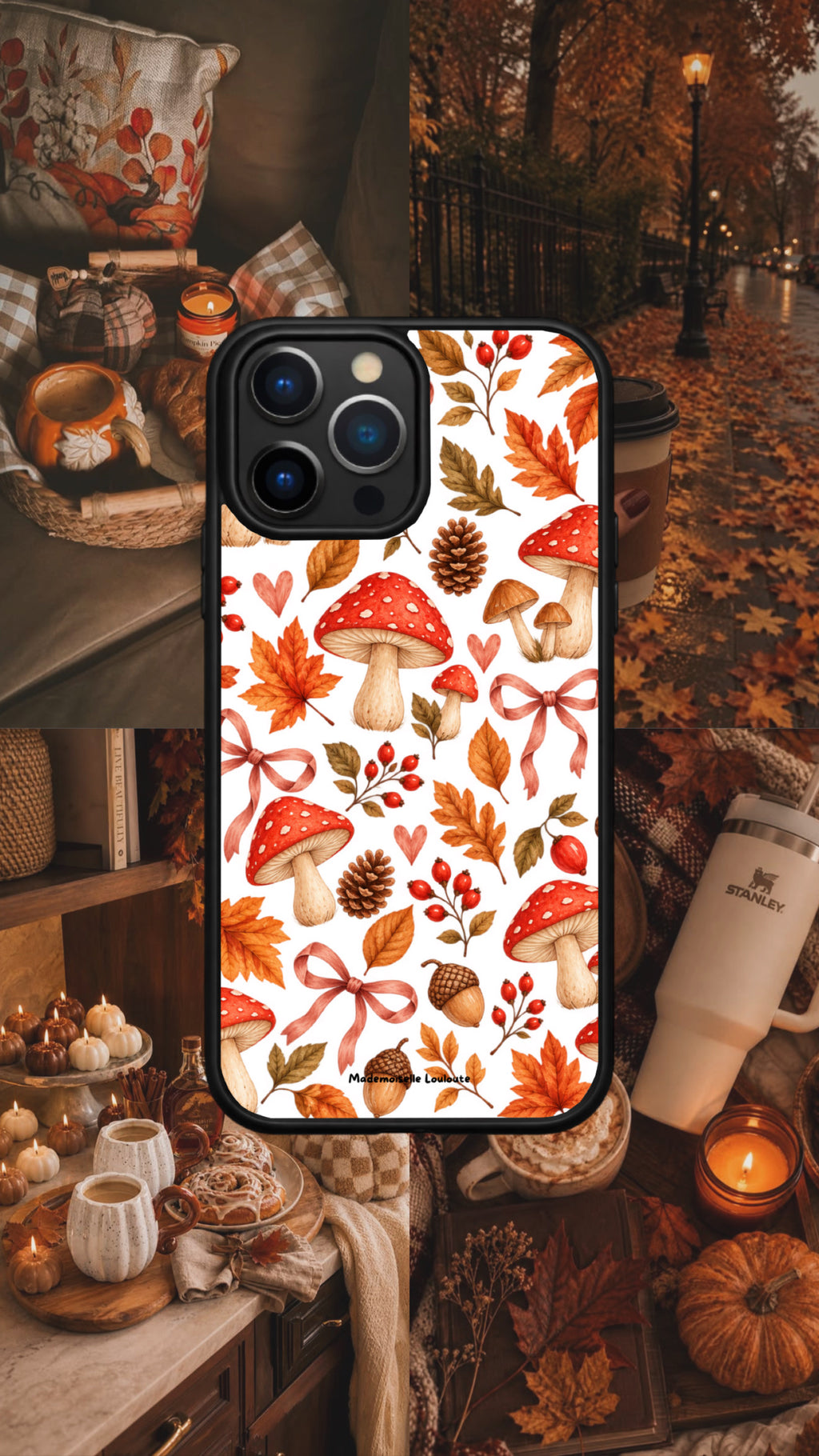 Coque de téléphone Octobre aux motifs de champignons et feuilles d’automne, présentée dans un décor cosy avec bougies et citrouilles.