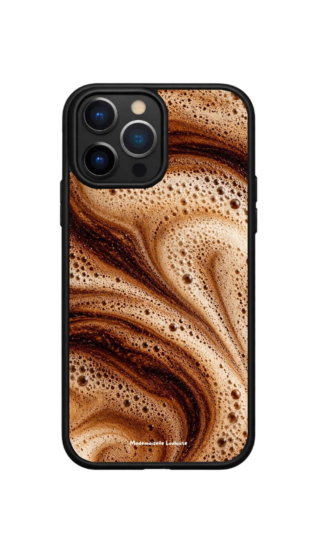 Coque de téléphone Expresso ornée de tourbillons de café brun et de mousse dorée, dans des nuances beige et caramel.