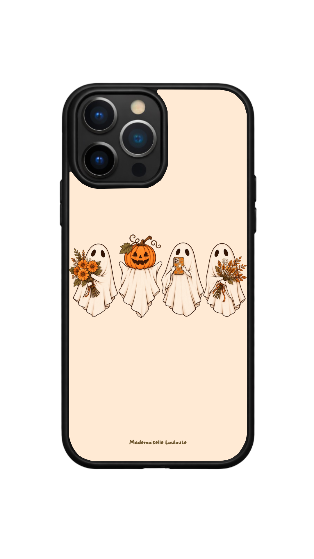 Coque de téléphone Spooky sur fond crème, avec quatre petits fantômes, une tête de citrouille et des bouquets d’automne.
