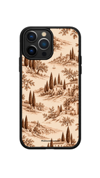 Coque de téléphone Toscana à motif de paysage italien beige et sépia, avec cyprès, maisons, collines et voilier.
