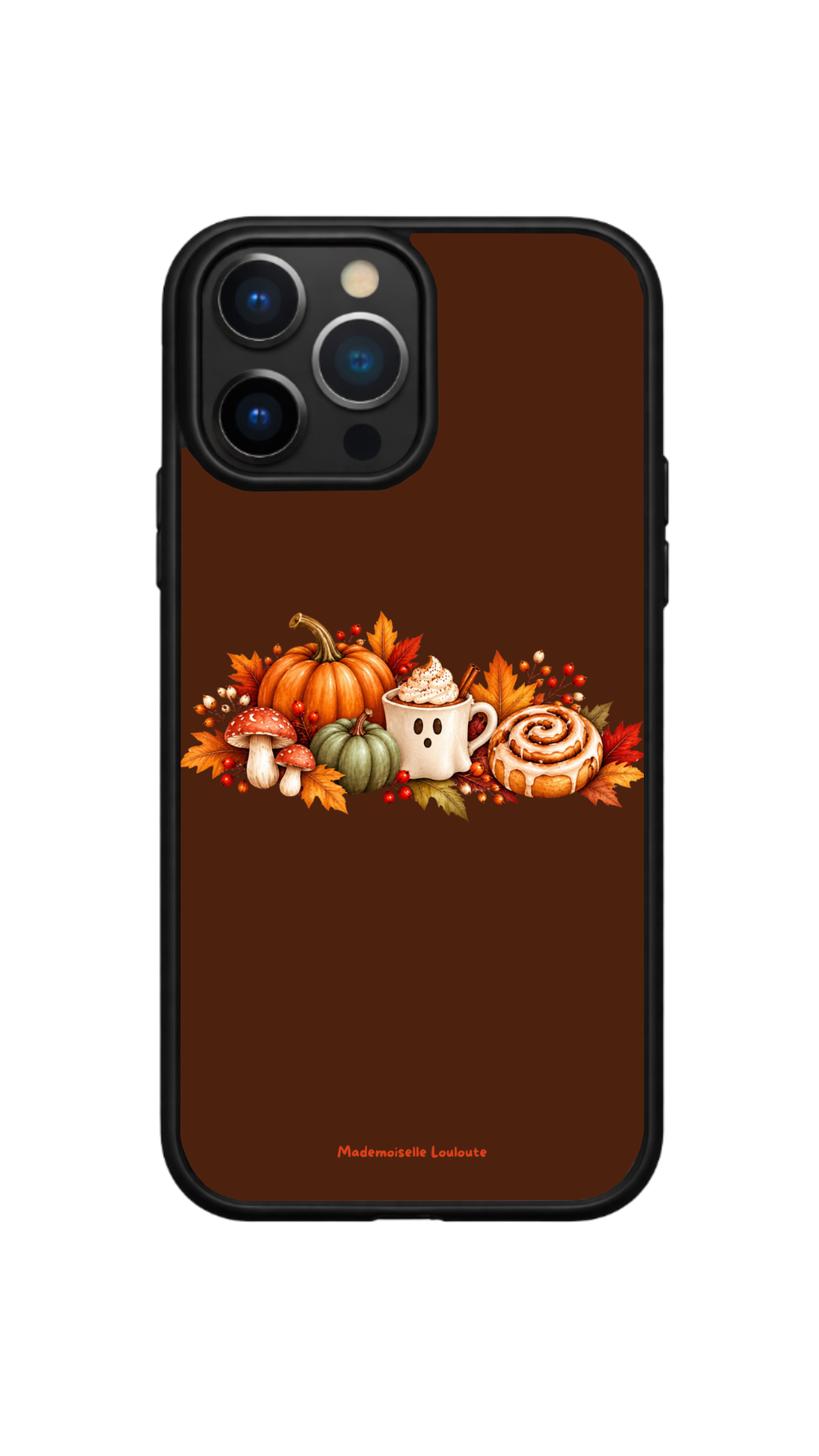 Coque de téléphone Pumpkin sur fond brun chocolat, avec citrouilles, tasse fantôme, brioche à la cannelle, champignons et feuilles d’automne.