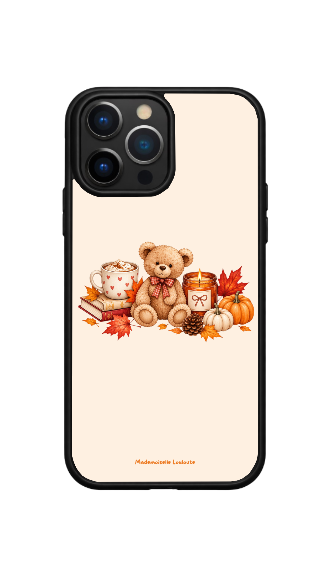 Coque de téléphone Miel sur fond crème, avec un ourson, une tasse, des livres, une bougie et des citrouilles.